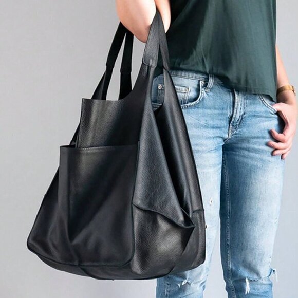 Black Casual Women's Large Capacity Tote Bag With Front Pocket - Picture 3 of 5